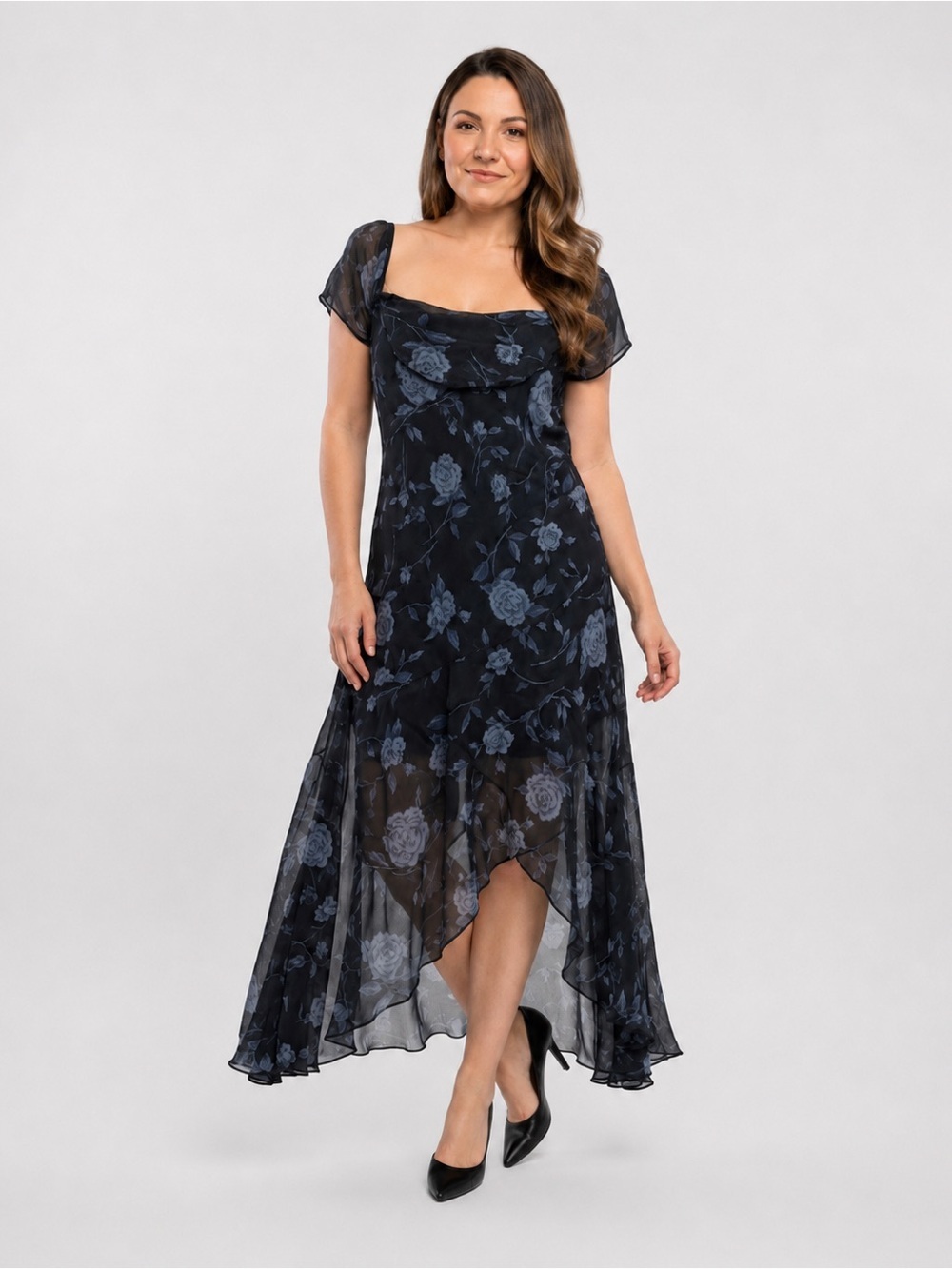 wild fable Black Dress with Blue Floral High-Low Hem